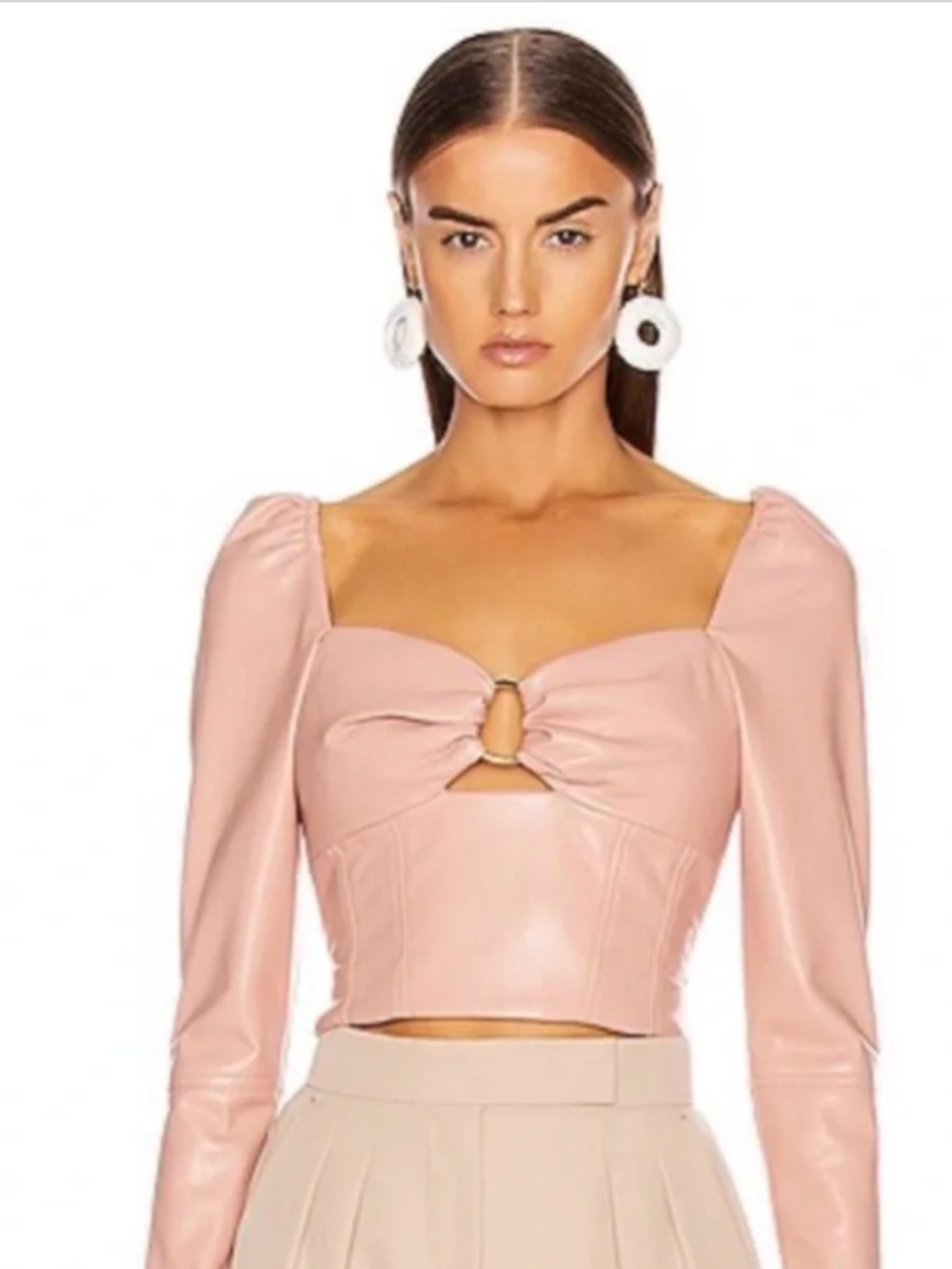 Feminine Blush Pink Puff Sleeve Vegan Leather Crop Top